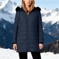 thumbnail image 2 of Women's Padded Hooded Jacket Long Sleeve Solid Color Winter Coat Outerwear Warm Thickened Fashion Parka for Cold Weather | CSEONE,Navy XL, 2 of 9
