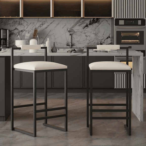 TesNus Modern Counter Height Bar Stools 31.69" Beige PU Seat Metal Frame With Back Set of 2 Dining Room