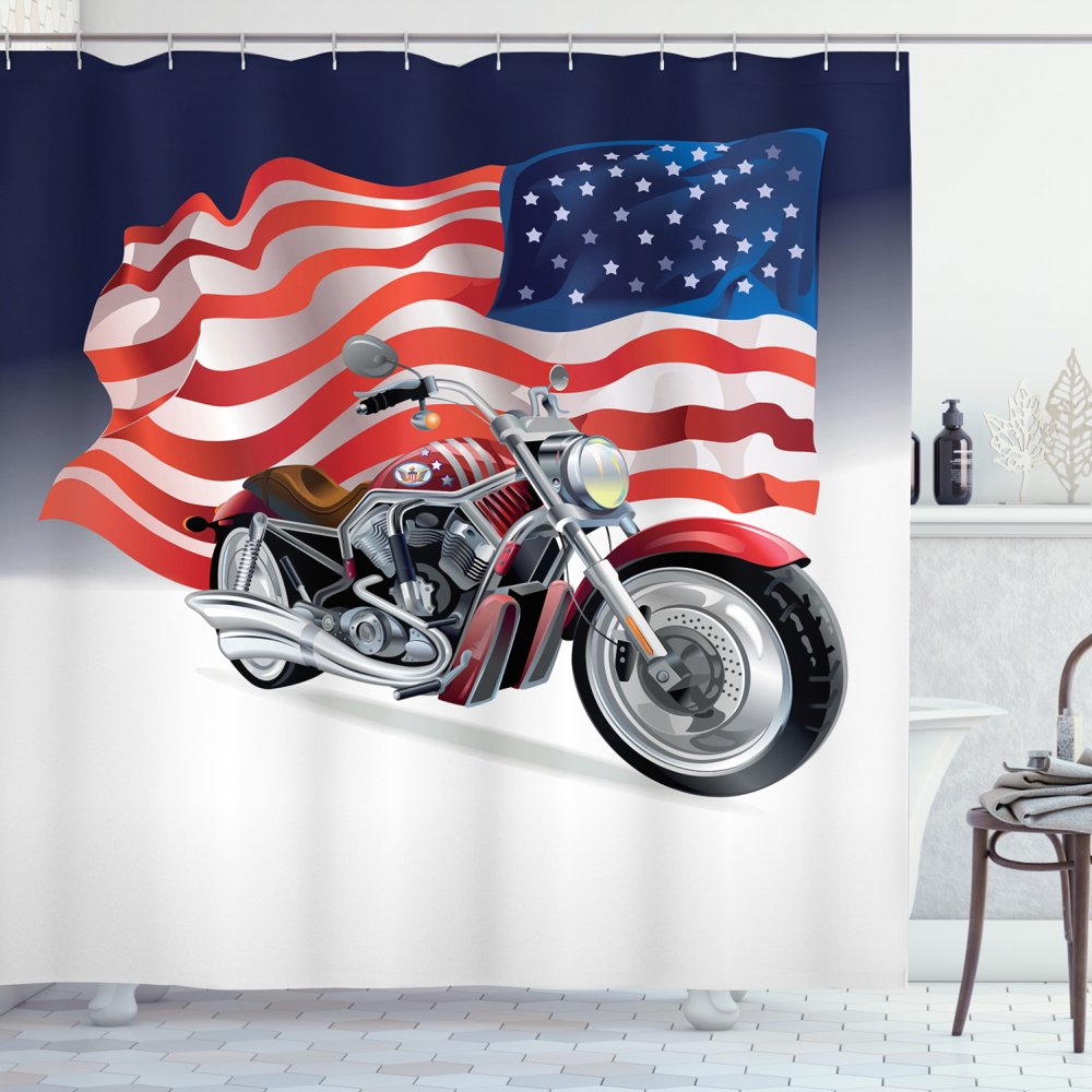Manly Shower Curtain, Motorbike and US Flag Sports Automobile Shows