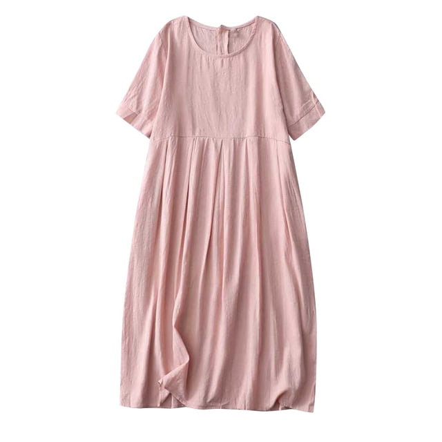 ameIAEA Robe en Coton et Lin pour Femmes Été Manches Courtes Col Rond Couleur Unie Robe Décontractée à Volants