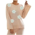 thumbnail image 2 of YueHuiYing Women's Casual Solid Color Flower Round Neck Fashion Long Sleeved Pullover Sweater Top, 2 of 7