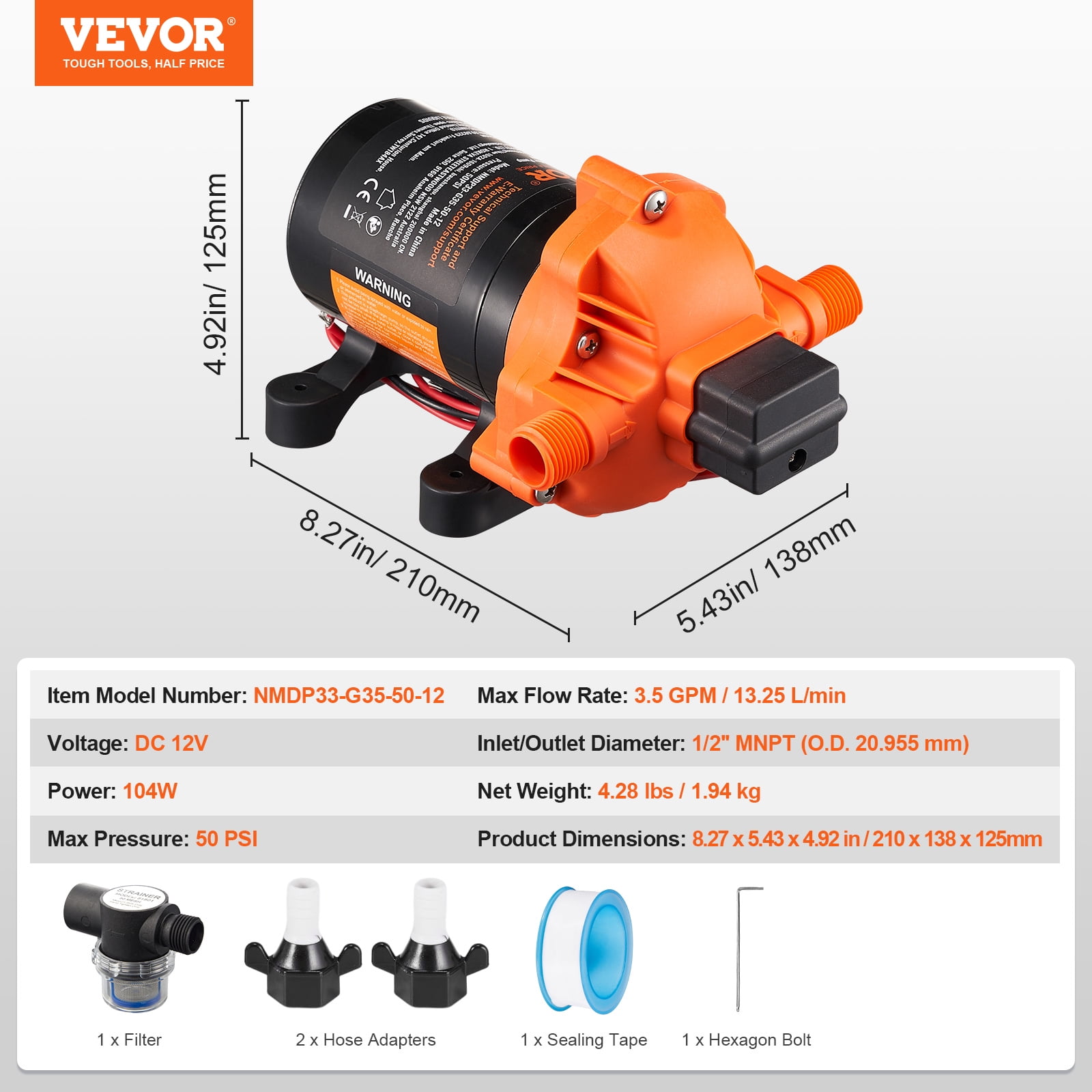 VEVOR 12V Diaphragm Pump, 3.5 GPM (13.25 L/min), 3-Chamber 12 Volt DC Water Pump with Automatic Pressure Switch 40-100 PSI Adjustable, 50 PSI, 1/2'' MNPT Port, for RV Yacht Food Truck Camper Marine