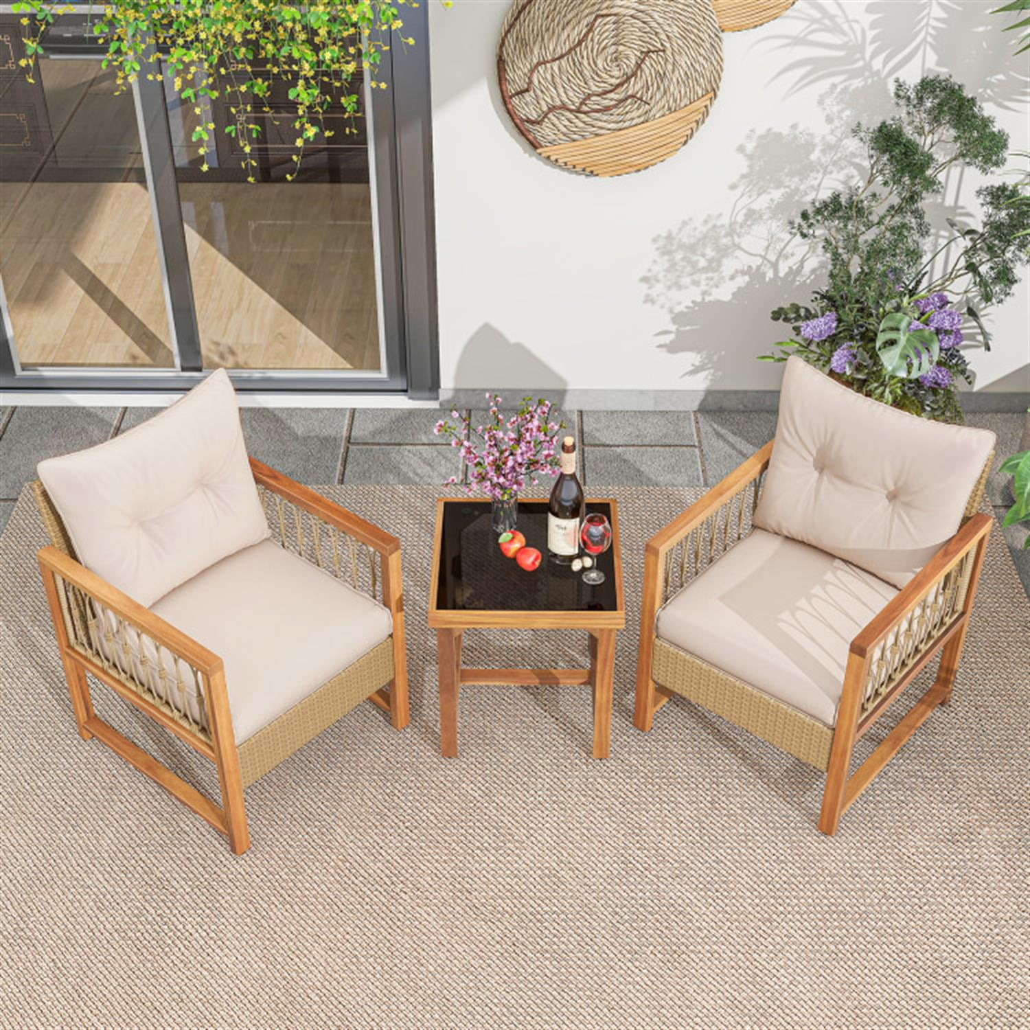 Demi Bonn 3 Pieces Patio Furniture Set with Acacia Wood Frame Cushions, Conversation Armchairs for Garden Poolside Balcony, Brown