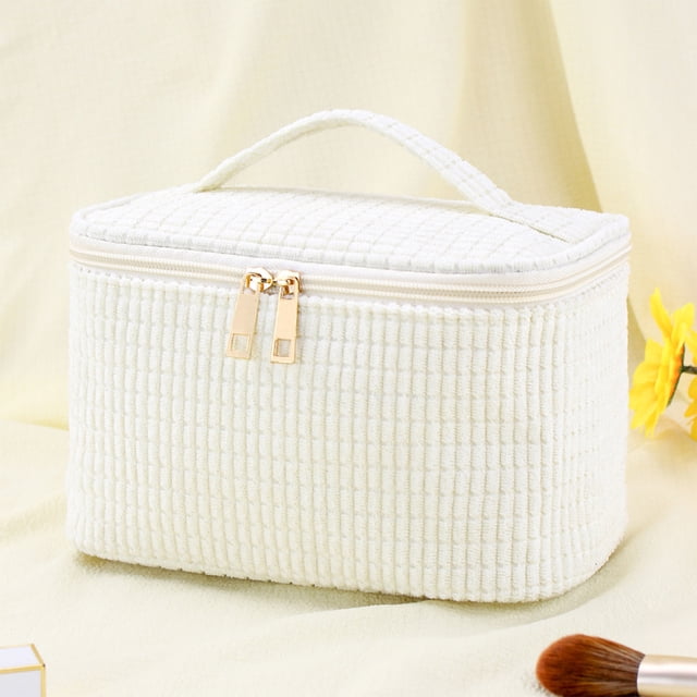 Ohmyroo Corduroy Makeup Bag Handheld Toiletry Pouch Large Capacity Cosmetic Organizer For Travel Commuting 6.1 Inch White