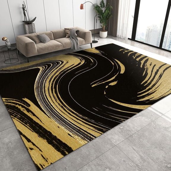Black Gold Swirl Marble Area Rug for Hallway, Retro Abstract Light Luxury Outdoor Carpet, Soft Rugs Non-Slip Washable Light Weight for Living Room Bedroom Dining Room Decor 2x3ft