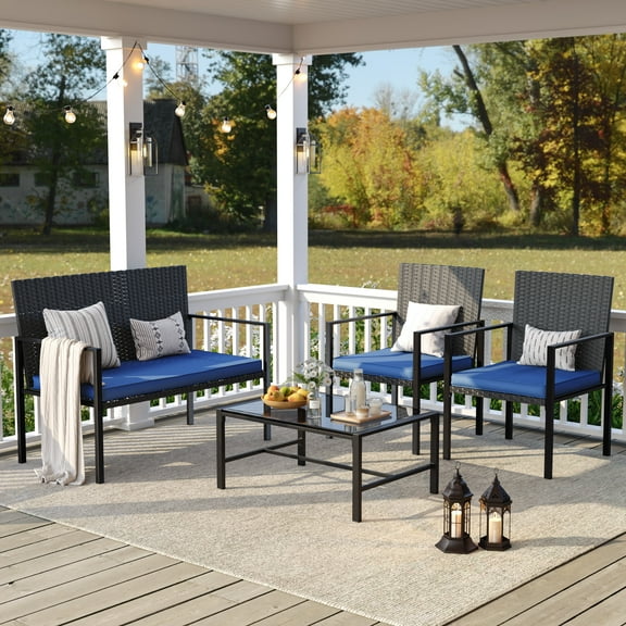 ELPOSUN Patio Furniture Sets for 4, 4 Pieces Patio Comversation Set with Glass Coffee Table,for Backyard Balcony Lawn Pool,Black/BLUE