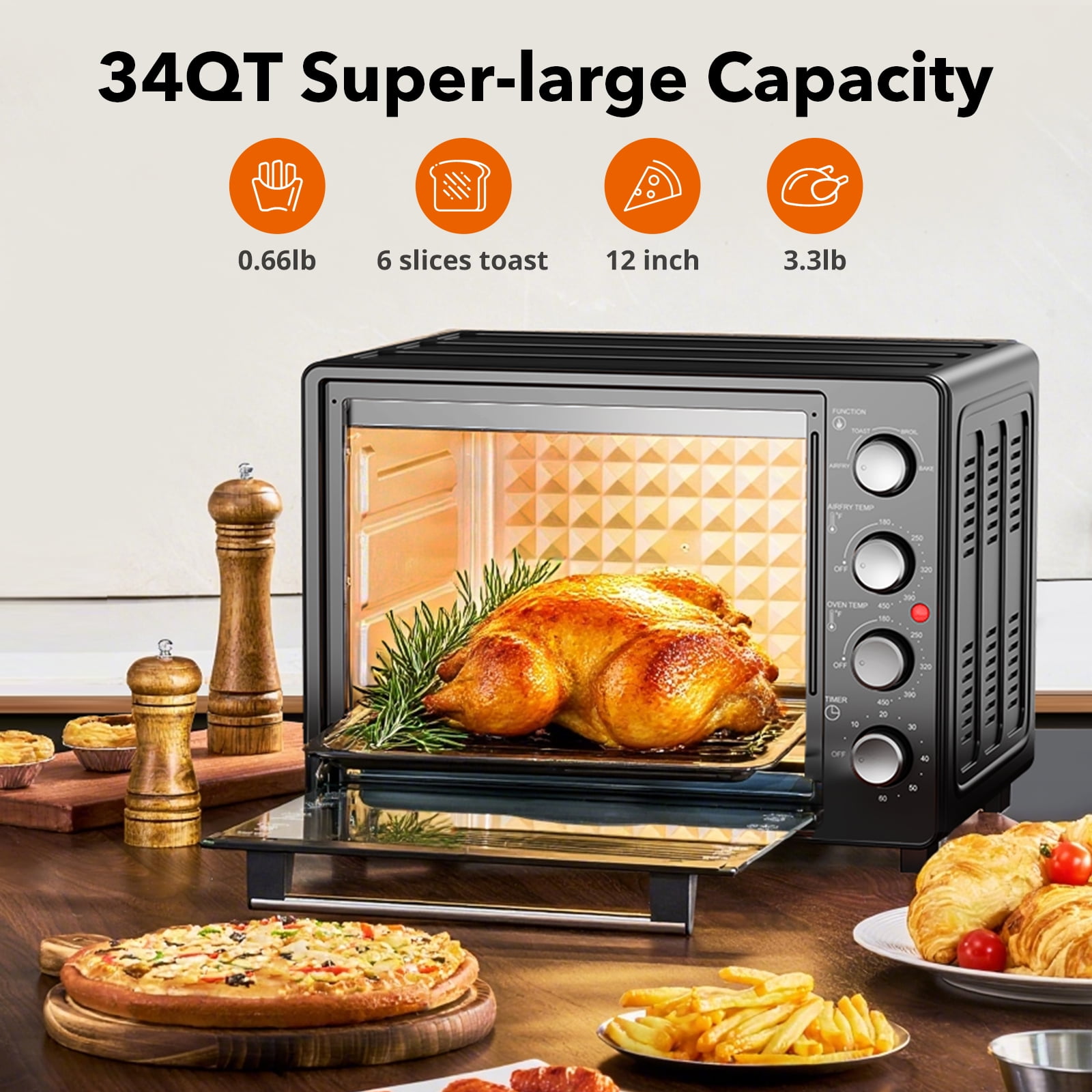 34 QT Super-Large  Air Fryer, Electric Toaster Oven Countertop, Pizza, Warm, Broil, Toast, Bake, Air Fry, 1500W, 5  Functions, 85% Oil-Less