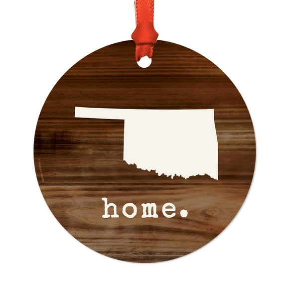 US State Round Metal Christmas Ornament, Rustic Wood Print, Oklahoma, Includes Ribbon and Gift Bag
