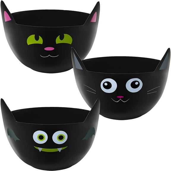 Halloween Party Supplies, Set of 3 Halloween Plastic Trick Treat Candy Bowls, Large Halloween Candy Holders, Black Cat Shaped Plastic Serving Bowl for Halloween Parties