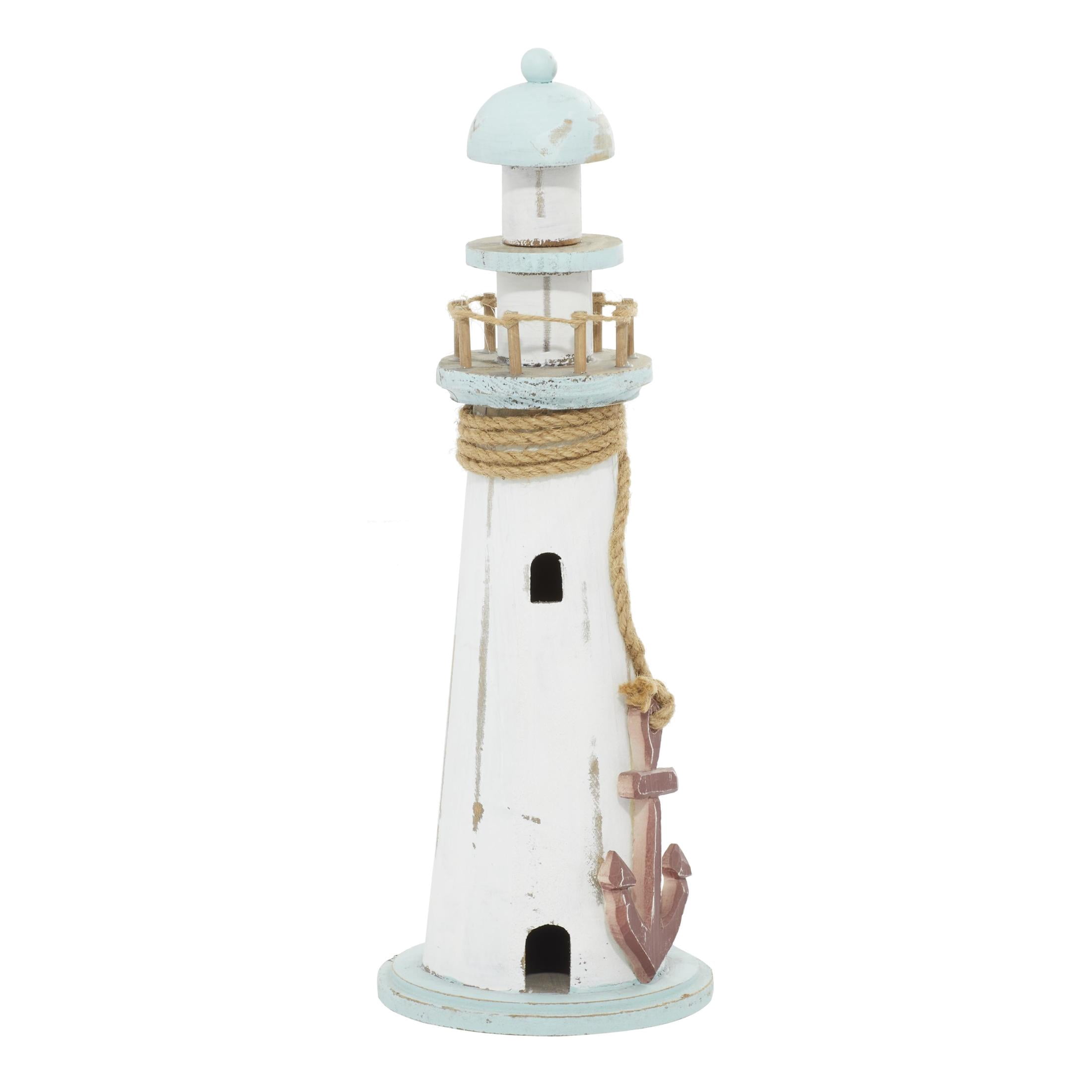 DecMode 6" x 15" White Wood Light House Sculpture