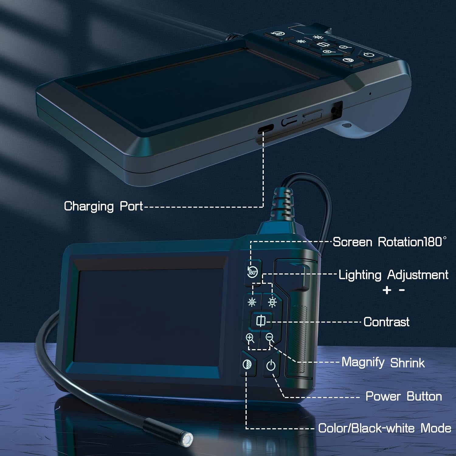 Binazon Endoscope Camera with Light, Borescope with 4.3" IPS Screen, 1920P HD, 8 LED Lights, 16.5FT Semi-Rigid Cord