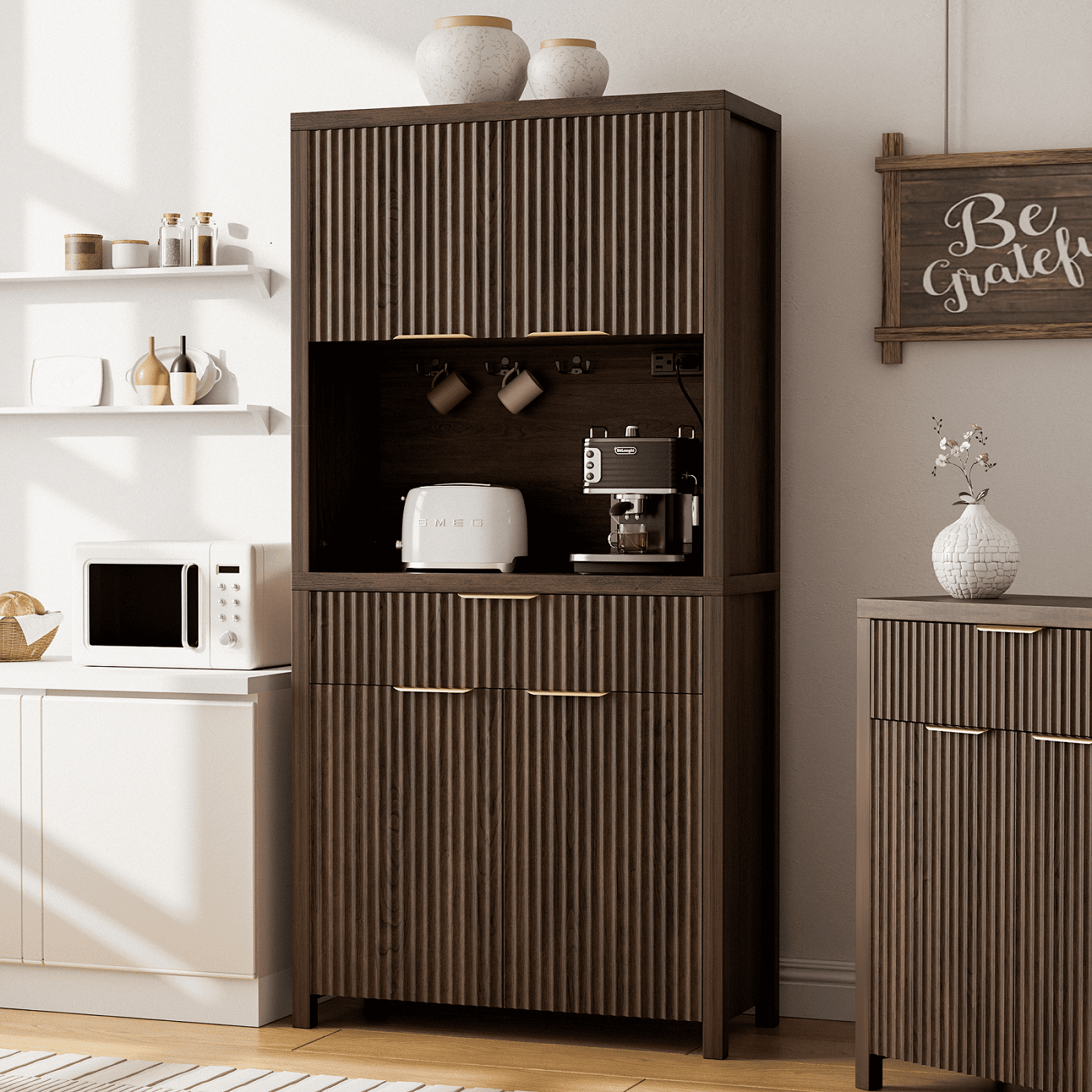 Aufeile 71" Tall Pantry Storage Cabinet with Drawer and Charging Station, Fluted Pantry Cabinet with Adjustable Shelves for Kitchen Dining Room Living Room, Black