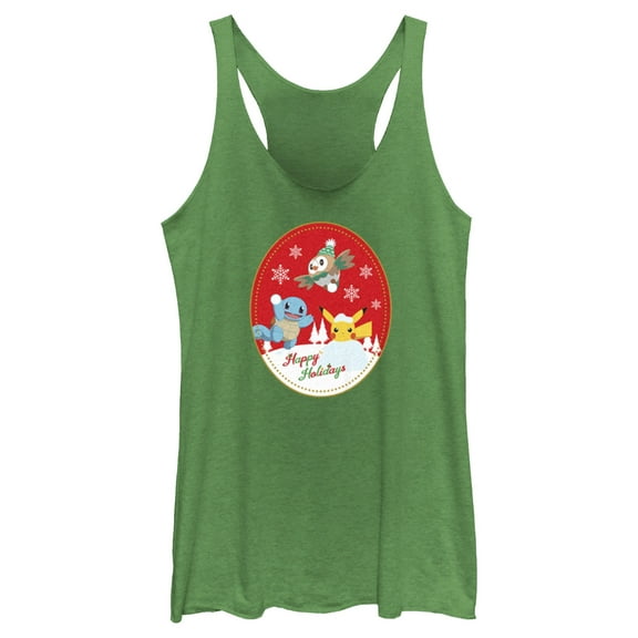 Women's Pokemon Christmas Happy Holidays Patch Racerback Tank Top Envy Green X Small