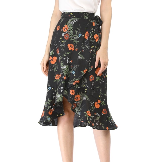 Unique Bargains Femmes Volant Fusée Cravate Taille Haute Basse Floral Wrap Jupe
