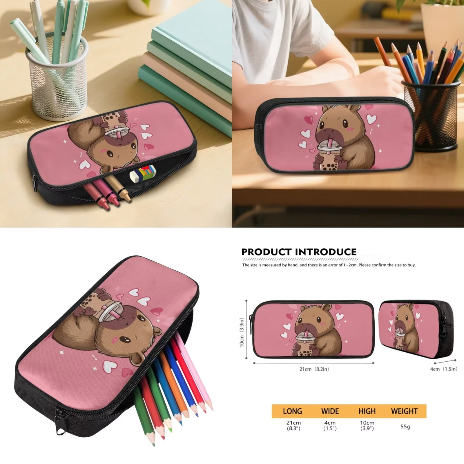 Pzuqiu Cute Capybara Girls Backpack Set of 5 School Bookbag Purse with Reusable Lunch Tote Bag Water Bottle Bag Pencil Case for Kids Elementary Schoolbags