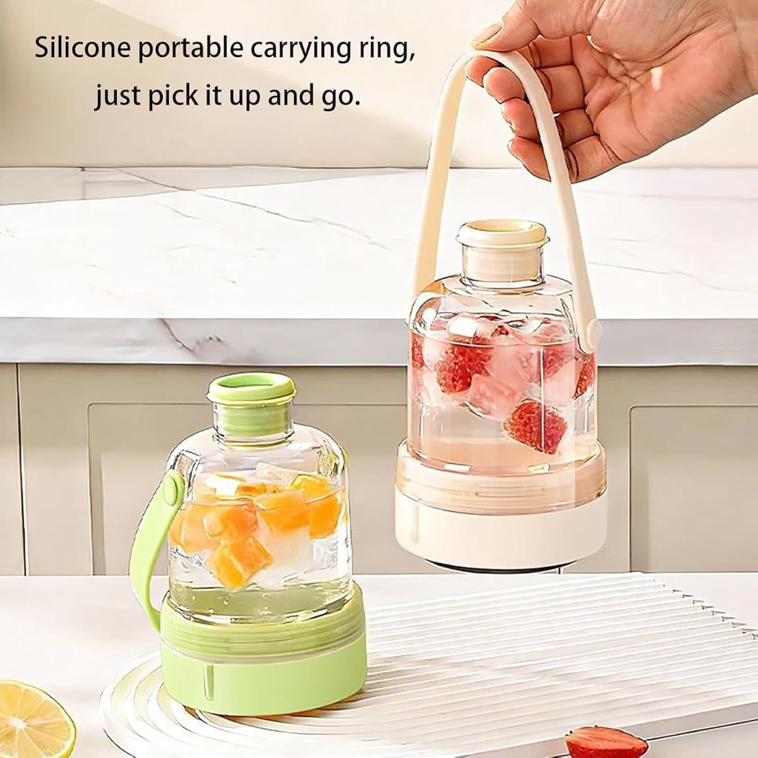 Multifunctional Transparent Water Bottle Ice Maker with Ice Tray, Ice Tray Water Bottle in One, Portable Iced Coffee Cup for Outdoor Travel Camping Home Office (Purple + White + Green)