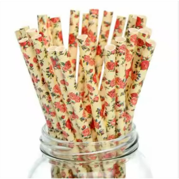 Set of 100 Count Vintage Floral Pink Print Straws Size 7 3/4 inch for Cake Pops, Lollipops, Candy and Brownie Pops