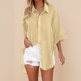 thumbnail image 2 of Kaprioy Womens Casual V Neck 3/4 Sleeve Button Down Shirts High Low Early Fall Fashion Blouse Tops For Women Trendy Oversize Elegant Loose Fit Shirt Long Blouse Casual Tunic Beach Bikini Cover Up, 2 of 4