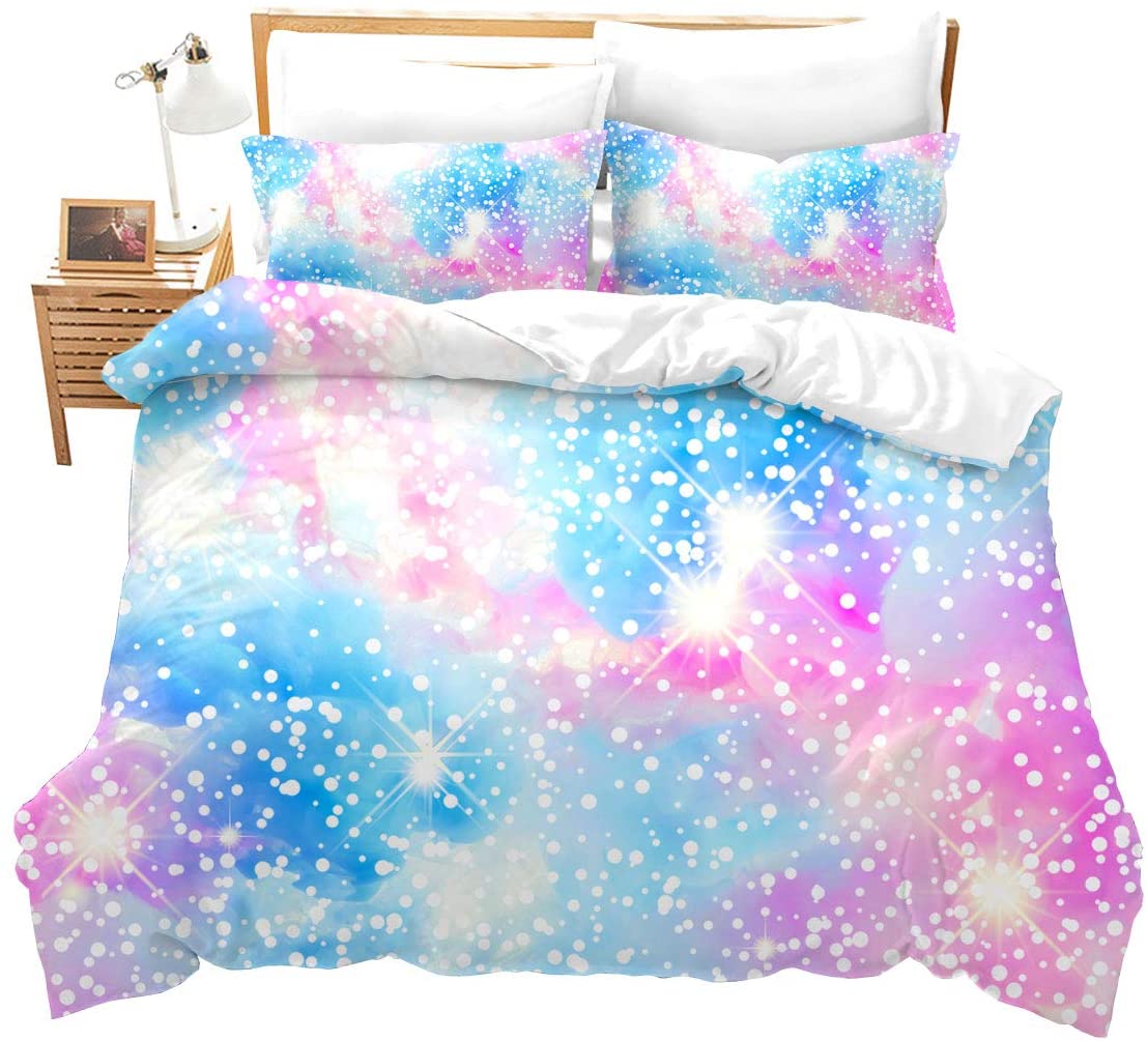 Fantasy Girly Bedding Set Decortaive 3 Pcs Shiny Blue Pink Purple