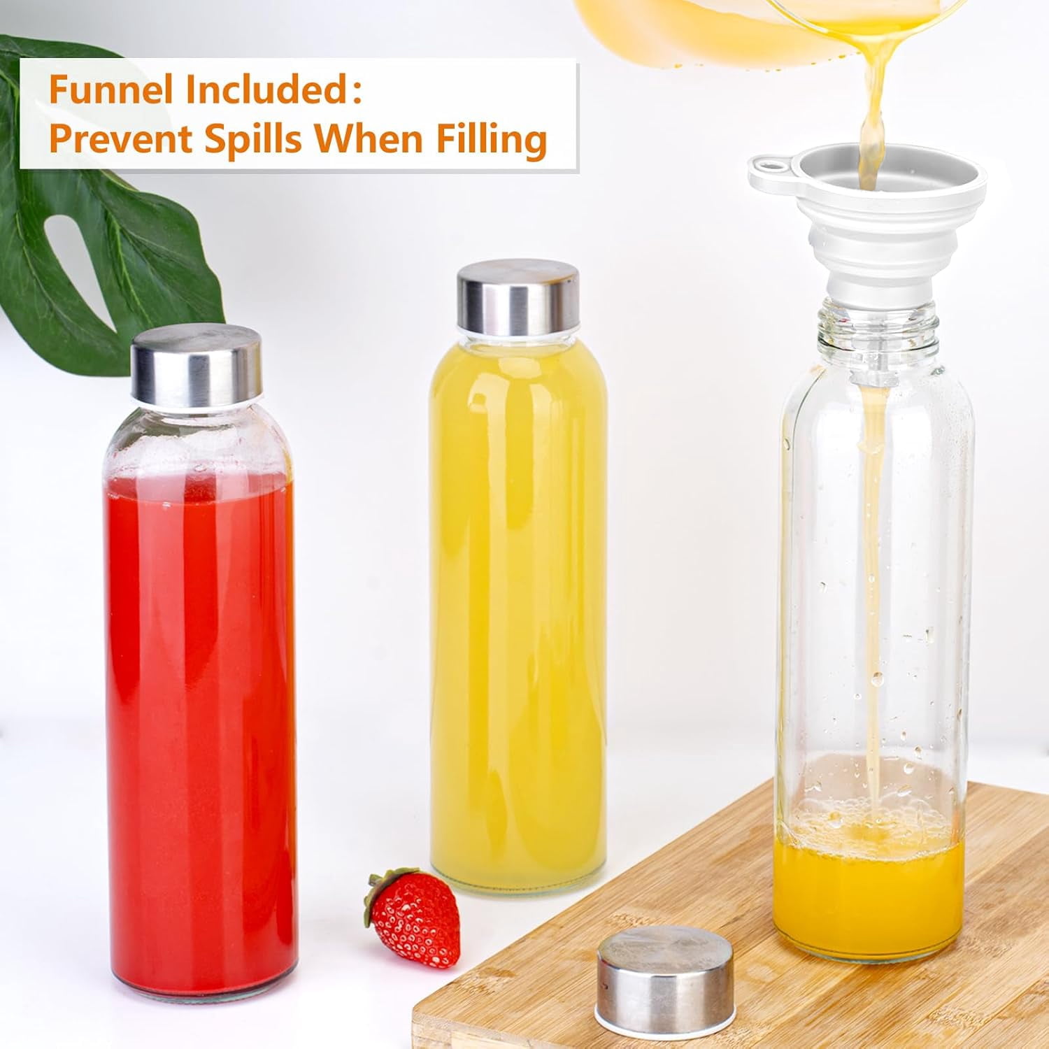 Behome 18 oz Glass Juice Bottles with Lids, 6 Pack Reusable Water Bottles with Funnel, Leak Proof & BPA Free, Glass Water Bottle for Juicing, Refrigerator, Beverage Storage Containers