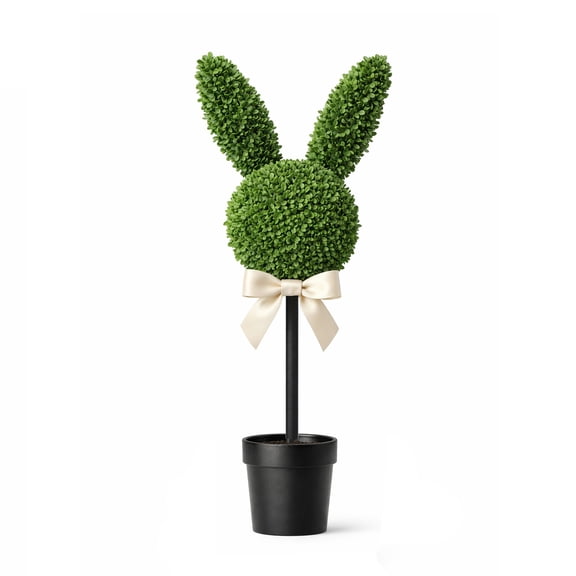 QuanTara 30in Easter Bunny Topiary, Artificial Boxwood Leaf Potted Bunny Decor for Indoor Outdoor Spring Easter Decorations, Black Pot Included