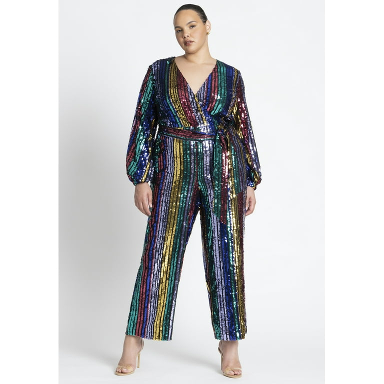 ELOQUII Women s Plus Size Multicolor Stripe Sequin Jumpsuit Walmart