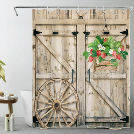 HVEST Farmhouse Barn Door Shower Curtain for Bathroom,Red Strawberry and Green Plant Floral on Rustic Vintage Wood Fabric Shower Curtain with Hooks,Western Bathroom Curtain Shower Set, 60x72 inches