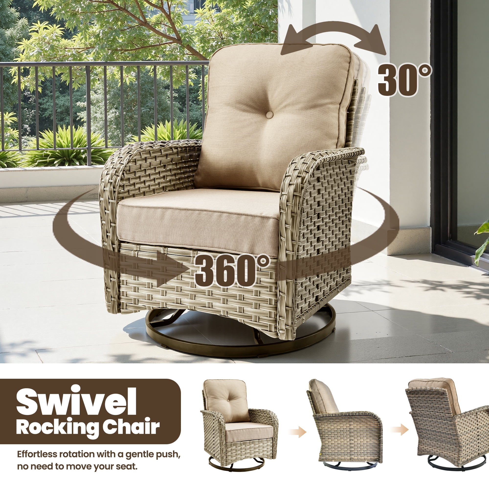 Toject 9 Pieces Patio Furniture Set Outside Furniture Wicker Patio Conversation Set with Swivel Chairs, Outdoor Furniture for Garden, Beige