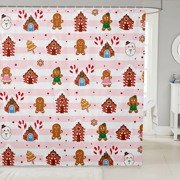 Christmas Gingerbread Man And House Shower Curtain Pink And White Striped Fabric Bath Curtain With Hooks Waterproof Bathroom Decor 71x71 inches
