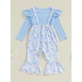 thumbnail image 4 of Suealasg Toddler Girls Fall Outfits Set Clothes 1T 2T 3T 4T 5T Fly Sleeve Ribbed T-shirt +Daisy Print Suspender Flared Pants 2Pcs Autumn Clothing for Little Girls, 4 of 7