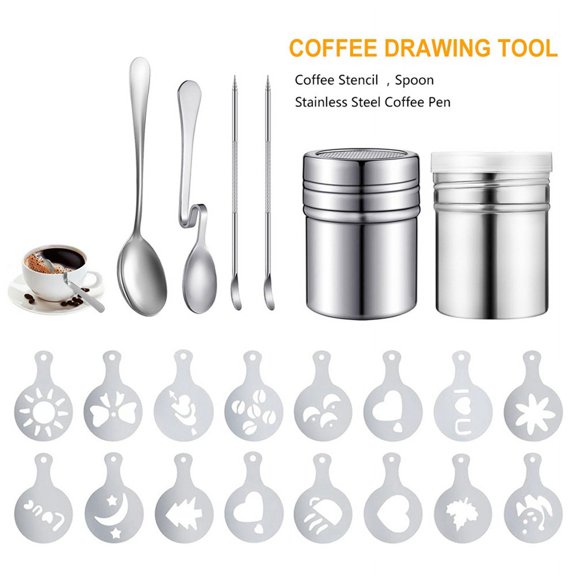 22PCS Reusable Coffee Decorating Stencils Coffee Carving Pen Portable Latte Art Pen Coffee Mold Tool Spoon Coffee Needle