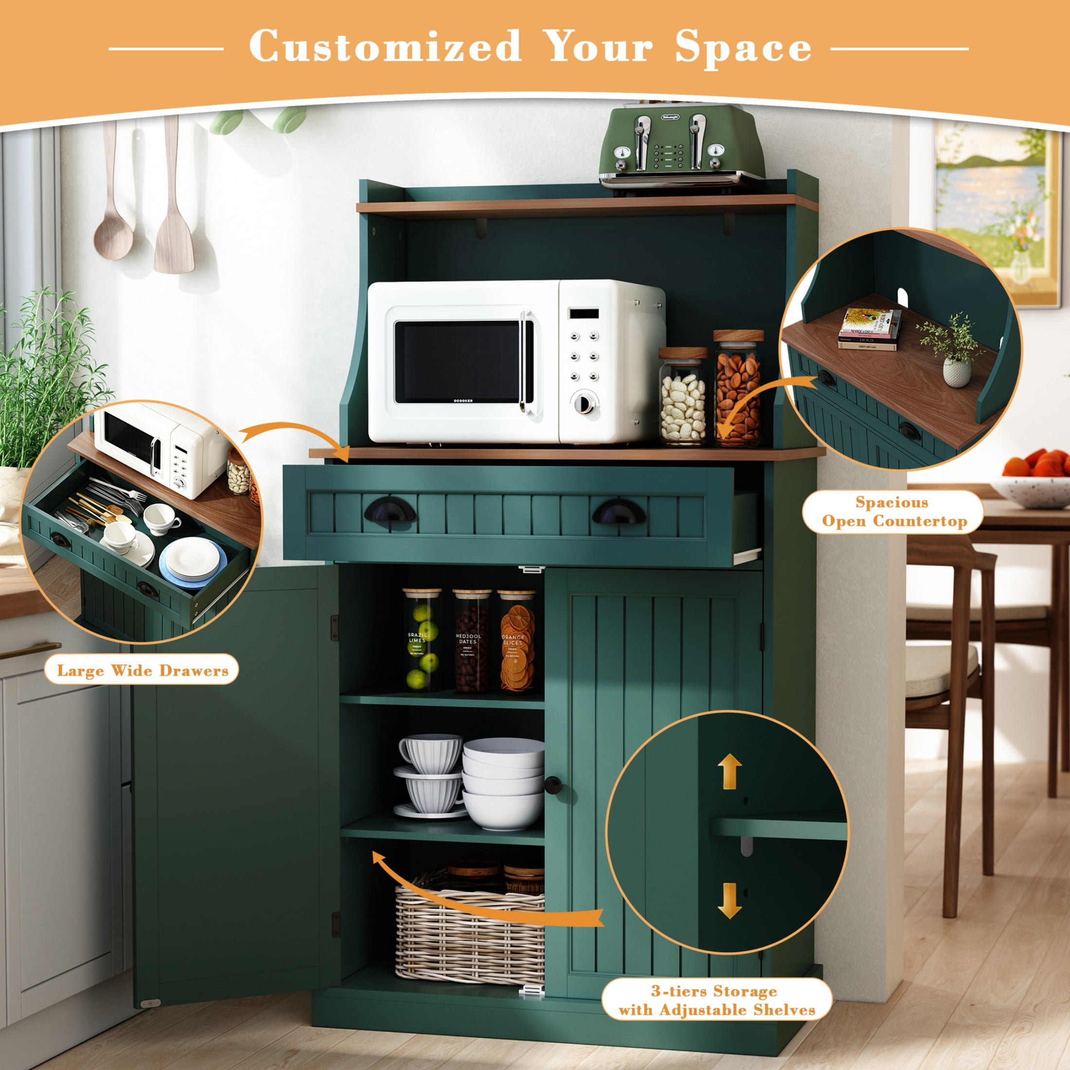 HLR Farmhouse Kitchen Pantry Cabinet with Microwave Stand, 54" Coffee Bar Storage Cabinet, Green