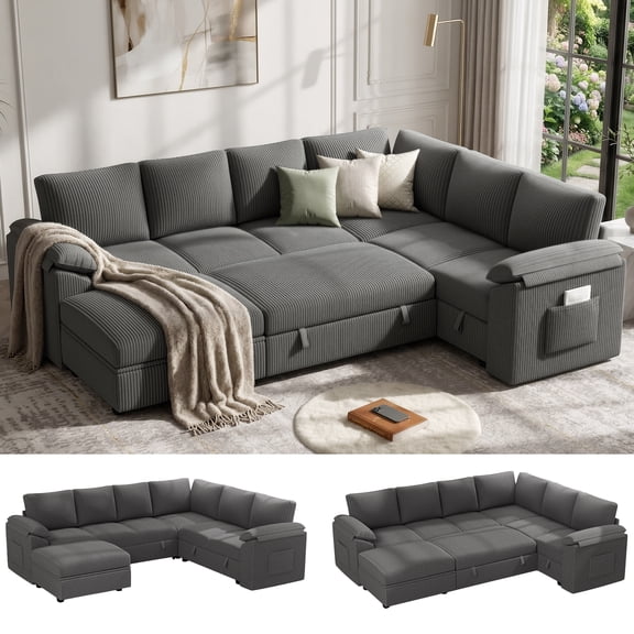 Time Ray Storage Sectional Sleeper Sofa with Pull Out Bed,7 Seat Modular Sectional Sofa with Storage Ottoman,Side Pocket,2 Loveseat,Plush Corduroy Sectional Couches for Living Room,Grey