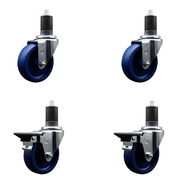 4 Inch Solid Poly Wheel Swivel 1-5/8 Inch Expanding Stem Caster Set 2 Brakes SCC