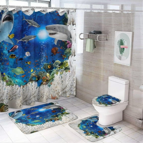 Nautical Ocean Wildlife Shark 4 Pieces Shower Curtain Set,Cool Undersea Animals Sharks Fish Coral Non-Slip Rugs Toilet Lid Cover Bath Mat and Bathroom Curtain