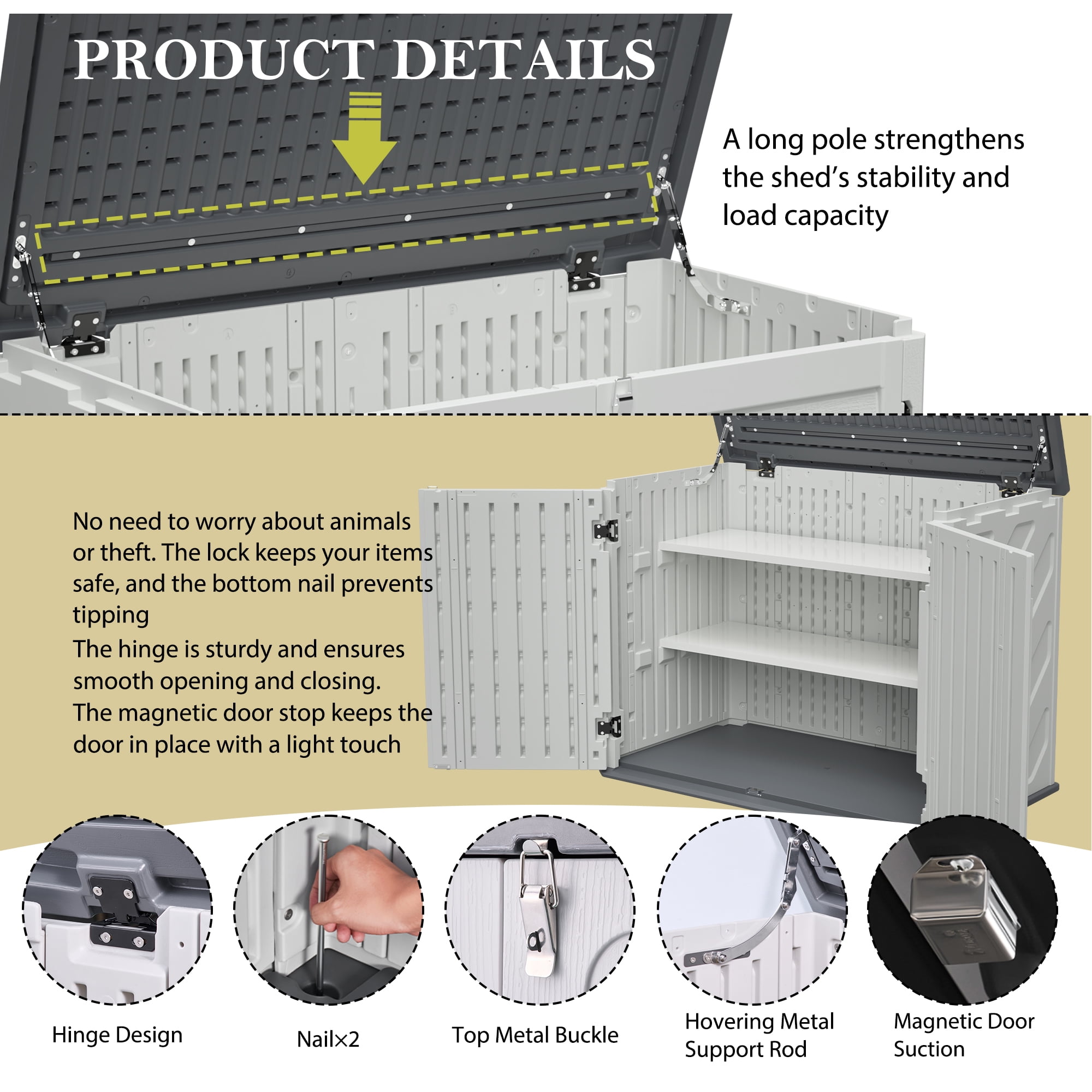 LZBEITEM 25 Cu.ft Upgraded Outdoor Horizontal Storage Shed with 2 Adjustable Shelves, Weather-Resistant Resin Tool Sheds, Multi-Opening Door, Waterproof & Lockable