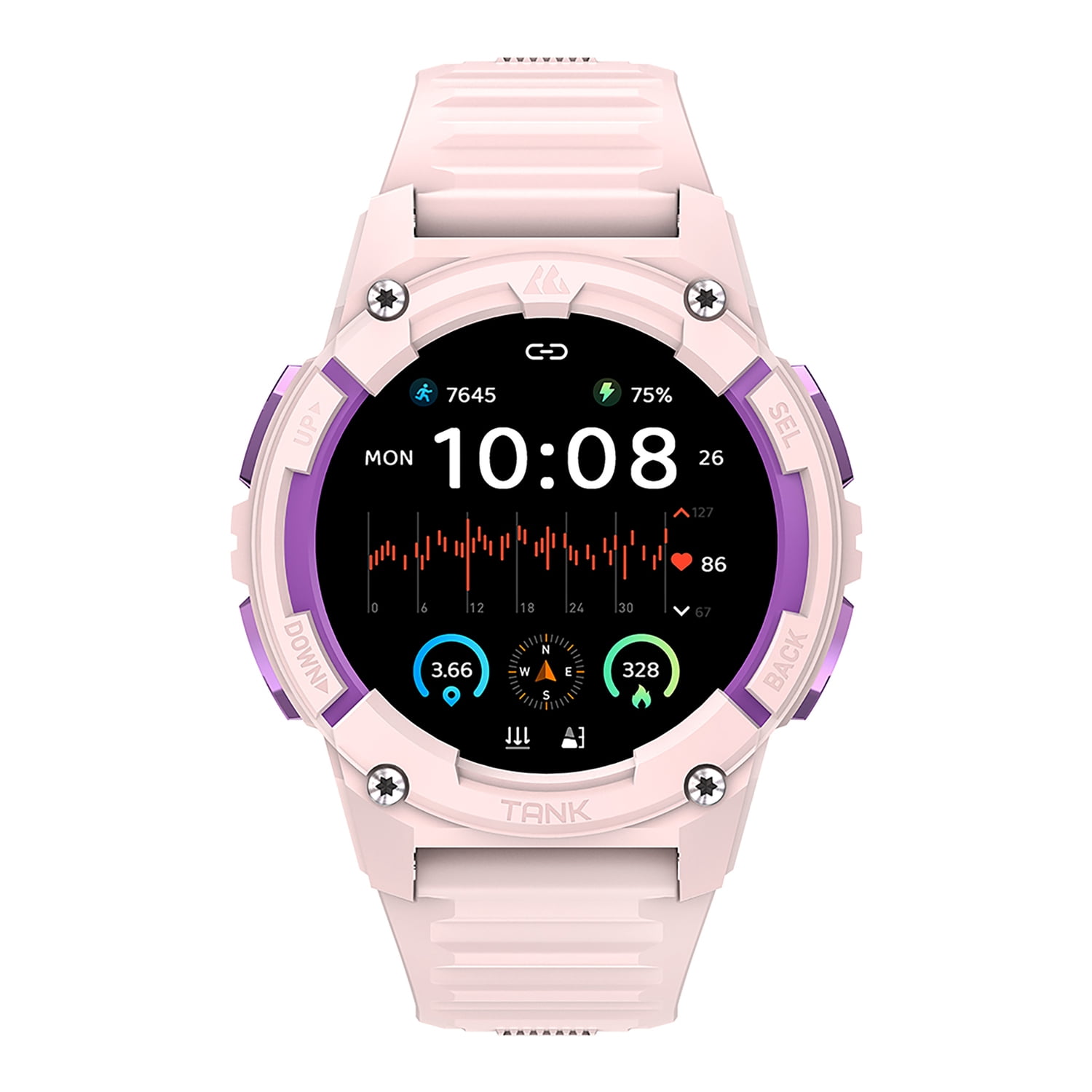 KOSPET TANK S2 1.32-In. AMOLED GPS Smartwatch with Silicone Band (Violet Pink), P-S001-P