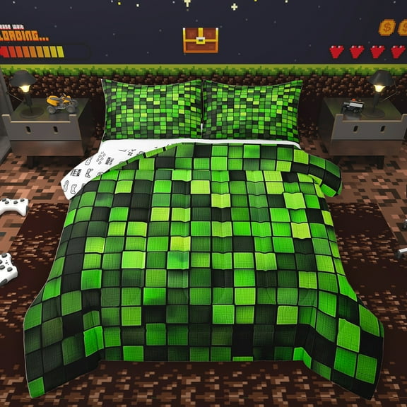Homewish Square Checkered Kids Bedding Comforter Set, Cartoon Building Gamers Twin Comforter Sets, Black Green Block Patchwork Reversible Bedding Set, Microfiber Bedroom Decor, 2 Pieces