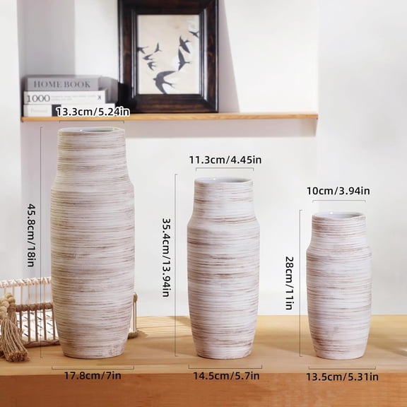 14 Inch White Ceramic Floor Vase for Modern Living Room Decor, Tall Boho Ribbed Flower Vase for Pampas Grass and Dried Stems