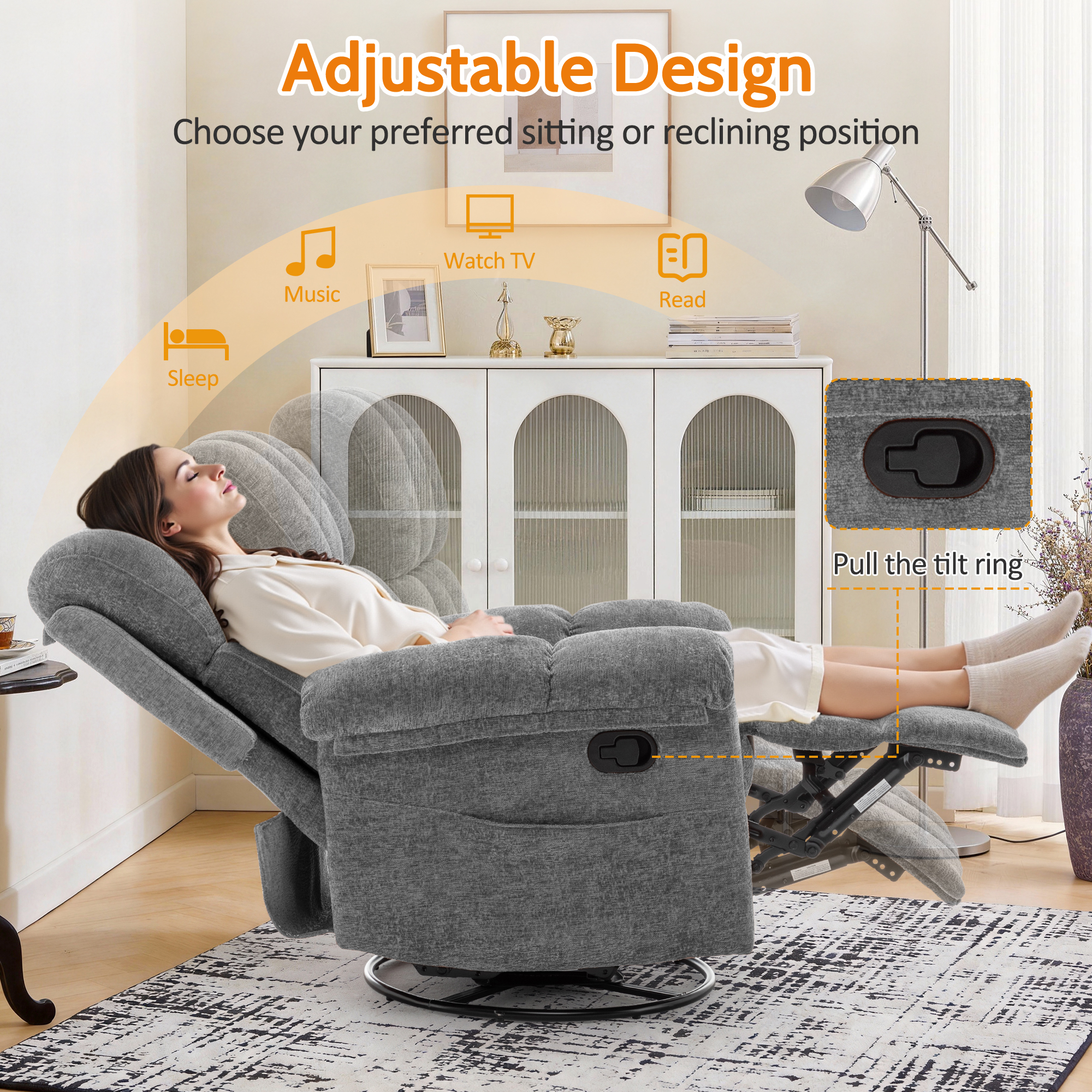 Korser Small Recliners for Small Spaces,Swivel Rocker Recliner Chair with Side Pockets for Living Room,Grey