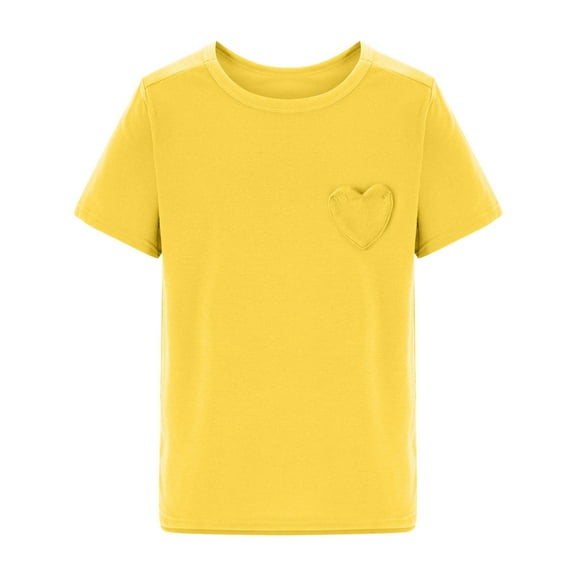 zbxnLI Girls Summer T Shirts Heart Pocket Classic Shirts Plain Short Sleeve Crew Neck Tee Tops 5-15 Years