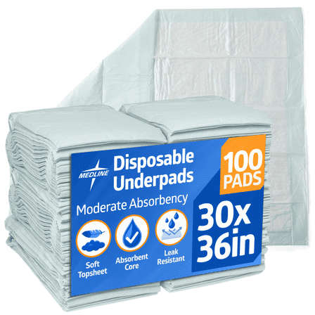 Medline Disposable Adult Bed Pads for Incontinence, Furniture, or Pets, XL, Moderate Absorbency, 30 x 36in, 100 Count