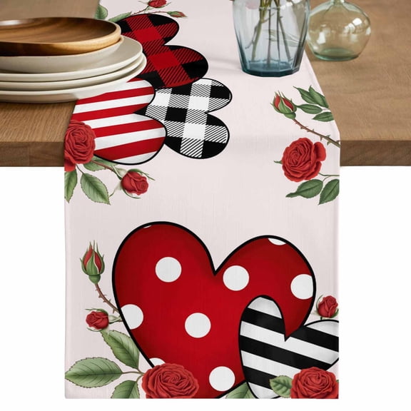 Valentine's Day Table Runner 90 Inches, Red Love Heart Roses Romantic Bed Runner Dresser Scarves Tabletop for Indoor Outdoor Parties/Ceremony/Banquet, 13" x 90"