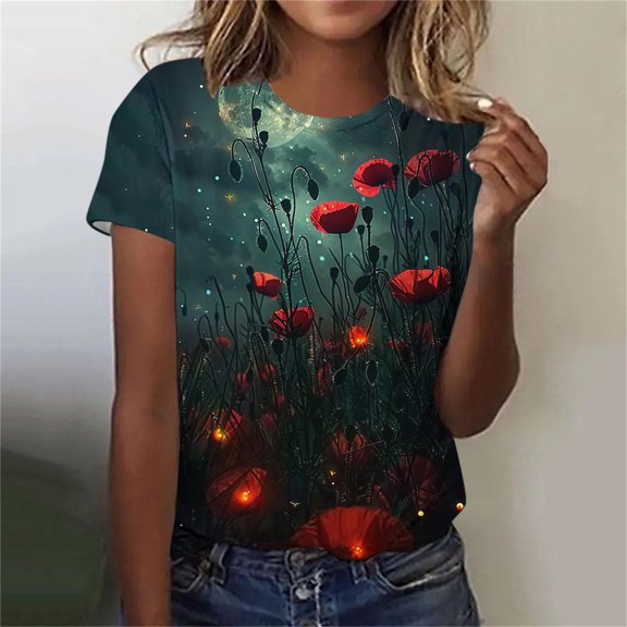 Cagogo Ladies T Shirts Summer Tops Under $5 Loose Fit Scoop Neck Plus Size Short Sleeve Graphic Vintage Floral Print Tunics Peasant White Blouses Clothes Mothers Day Gift