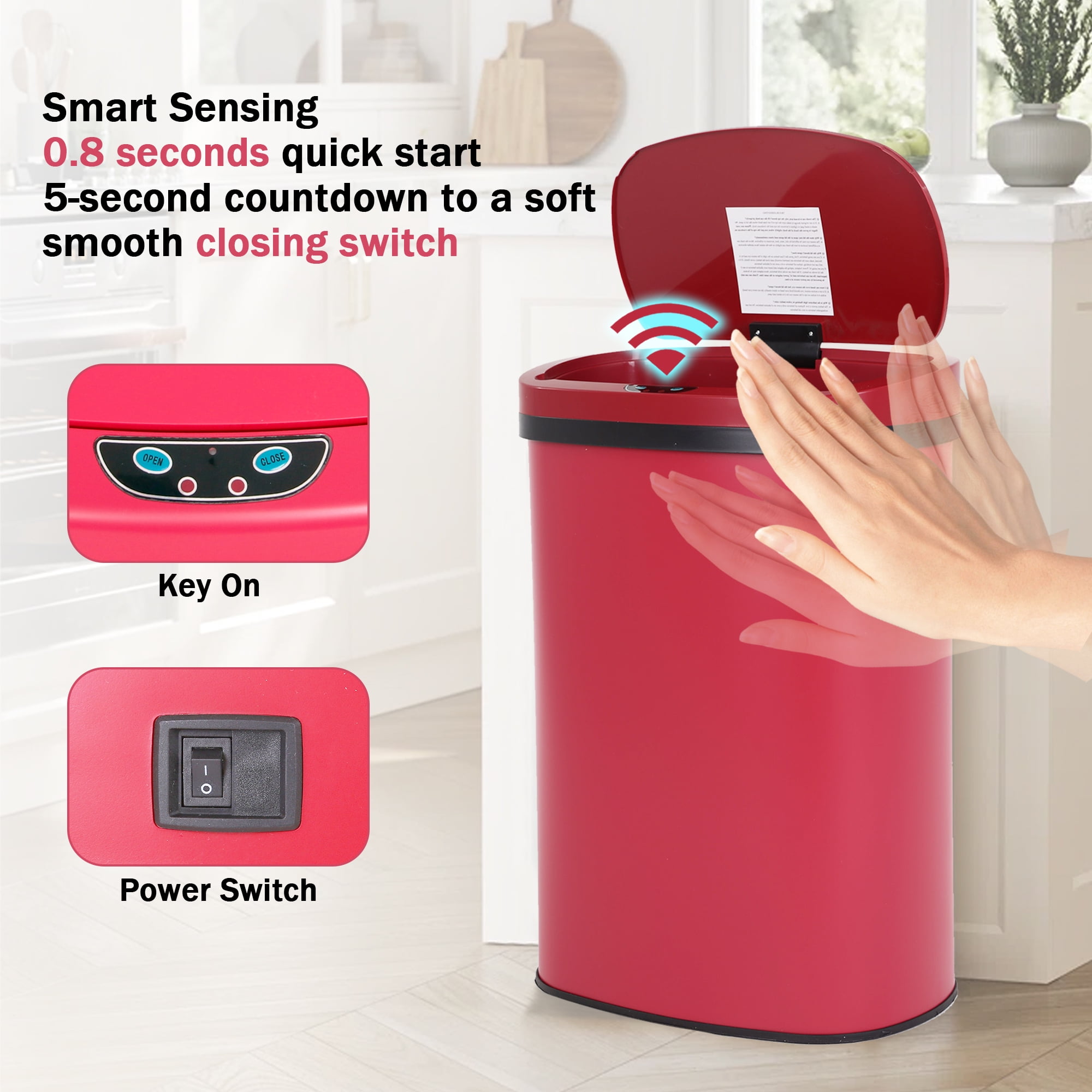 Touch Free Stainless Steel Trash Can 13 Gallon for Kitchen, Automatic Garbage Can with Lid Trash Bin for Bathroom Kitchen Wastebaskets for Bedroom Auto Open Trash Cans Motion Sensor, Red