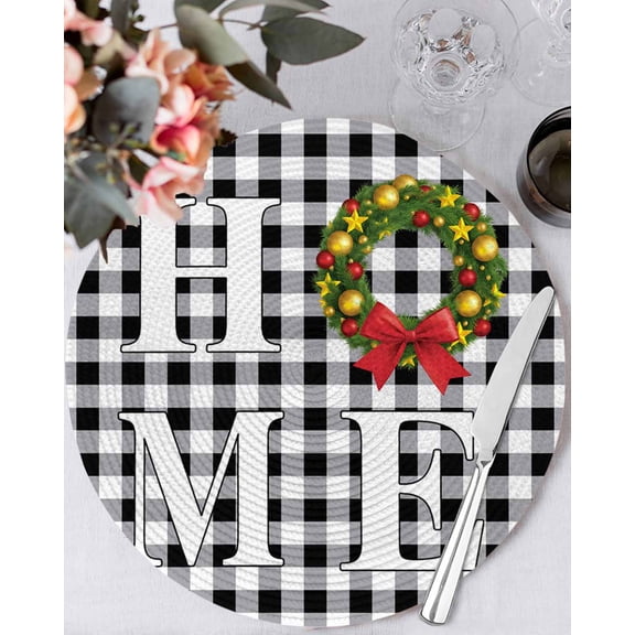 13 Inch Round Placemats Set of 4, Christmas Home Non Slip Heat Insulation PP Table Mats, Winter Xmas Black White Buffalo Plaid Washable Place Mats for Kitchen Dining Party Table Decor