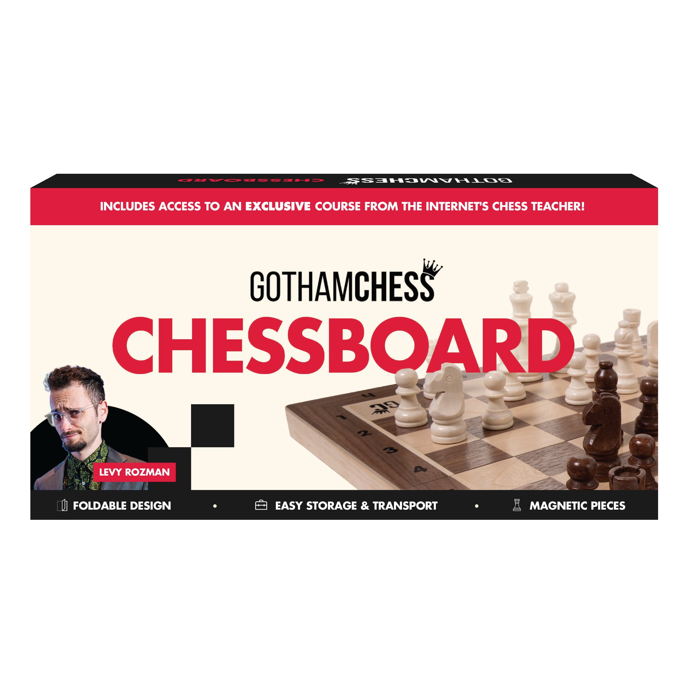 GothamChess, Chess Game board , Premium Wooden Finish Folding Board with Magnetic Pieces, Brown