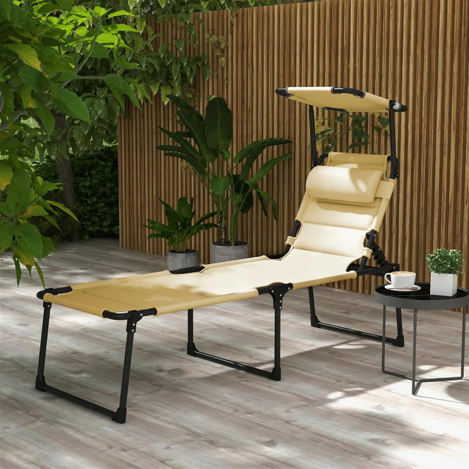 Demi Bonn Outdoor Folding Lounger with 4-Position Reclining, Pillow & Sun Canopy for Relaxing Patio, Deck, Comfortable Sun Protection Seating, Yellow