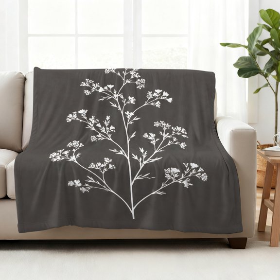 Fleece Blanket Farmhouse Wild Floral Black Blankets,Soft Cozy Warm Flannel Throw Blanket,Watercolor Delicate Branch Blanket for Bed Couch Sofa 50x60in