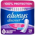 thumbnail image 1 of Always Discreet Adult Incontinence Pads for Women, Ultimate Absorbency, Long Length, Postpartum Pads, 28 Count, 1 of 20